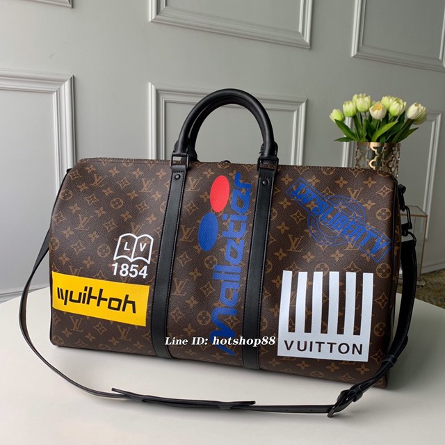 路易威登LV旅行包 LV男士行李包袋 M44642 Keepall Bandoulière 50手袋 老花黑皮地球絲印旅行袋枕頭包 xxlv1120